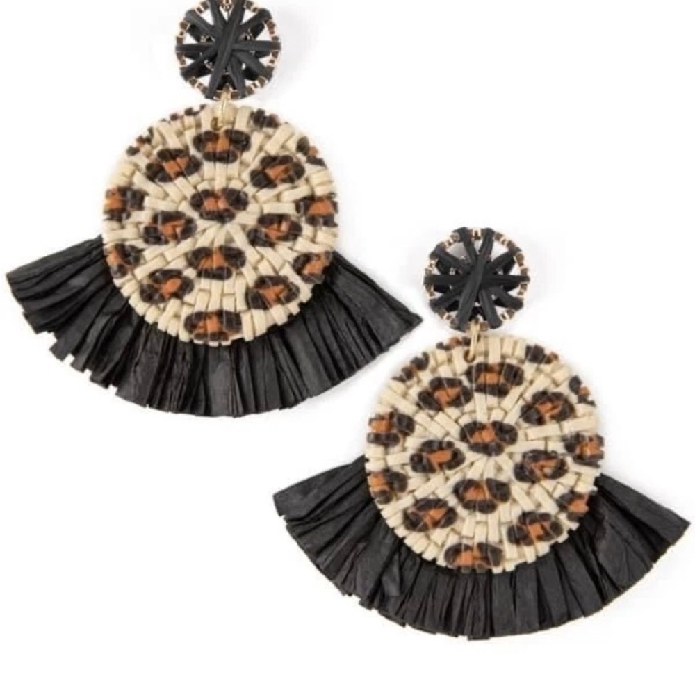 Plunder Design Jewelry Hanson Leopard Print Raffia Drop Dangling Earrings 3“